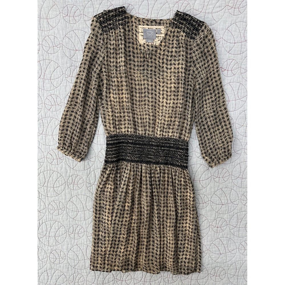 Vanessa Virginia Dress Black Tan Smocked Waist / Womens XS